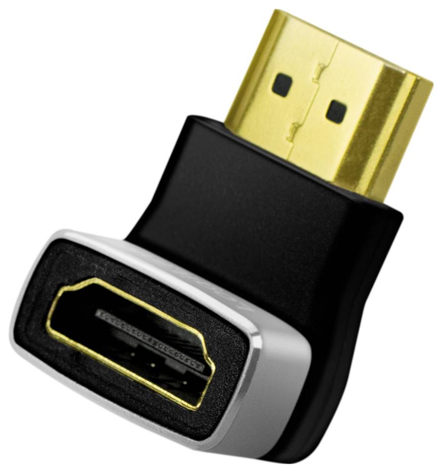 Adapter HDMI ze złoconymi stykami i czarną obudową, służący do łączenia kabli HDMI o różnych złączach.
