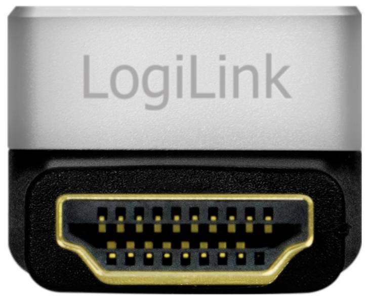 Wtyczka HDMI z napisem 'LogiLink' na górnej powierzchni, przedstawiająca obszar styków przyłączeniowych ze złotymi pinami.