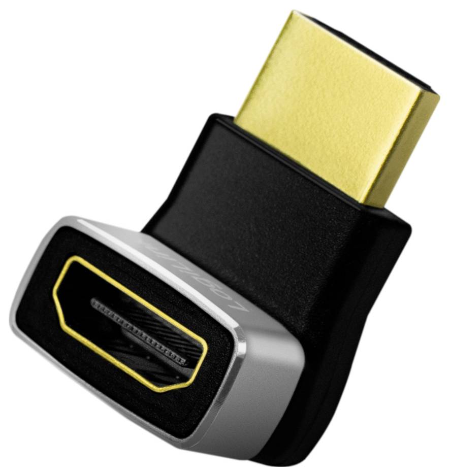 Adapter z wtyczką i gniazdem HDMI, złocone zakończenie, używany do łączenia kabli HDMI w ciasnych przestrzeniach.