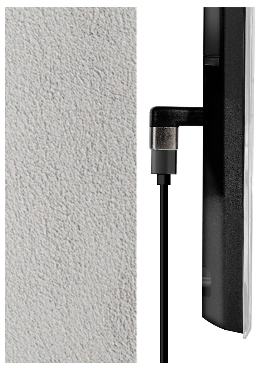 Płaski telewizor zamontowany na ścianie bokiem, z widocznym podłączonym kablem.