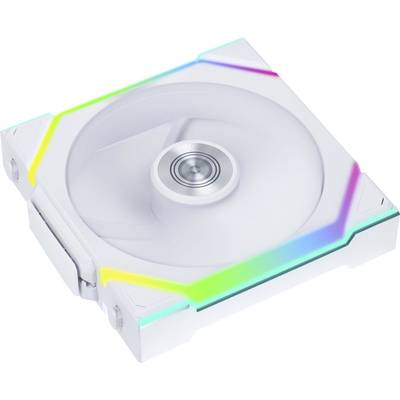 Biały wentylator komputerowy z podświetlającymi diodami RGB wzdłuż krawędzi, które dodają akcentu w kolorach tęczy.