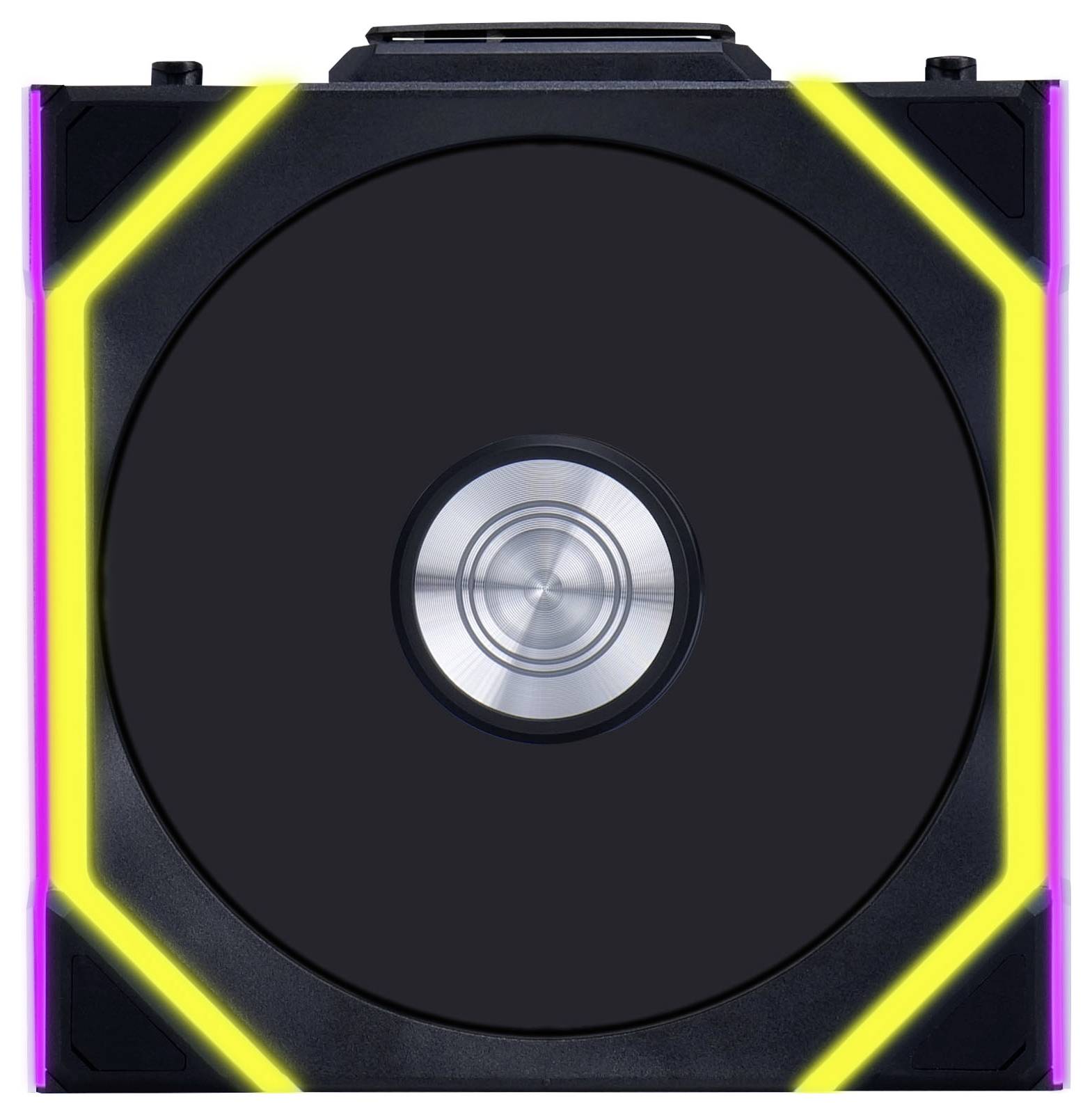 Czarna komponenta komputerowa z kolorowymi paskami LED w kolorach żółtym i różowym, podkreślająca koło w centrum.