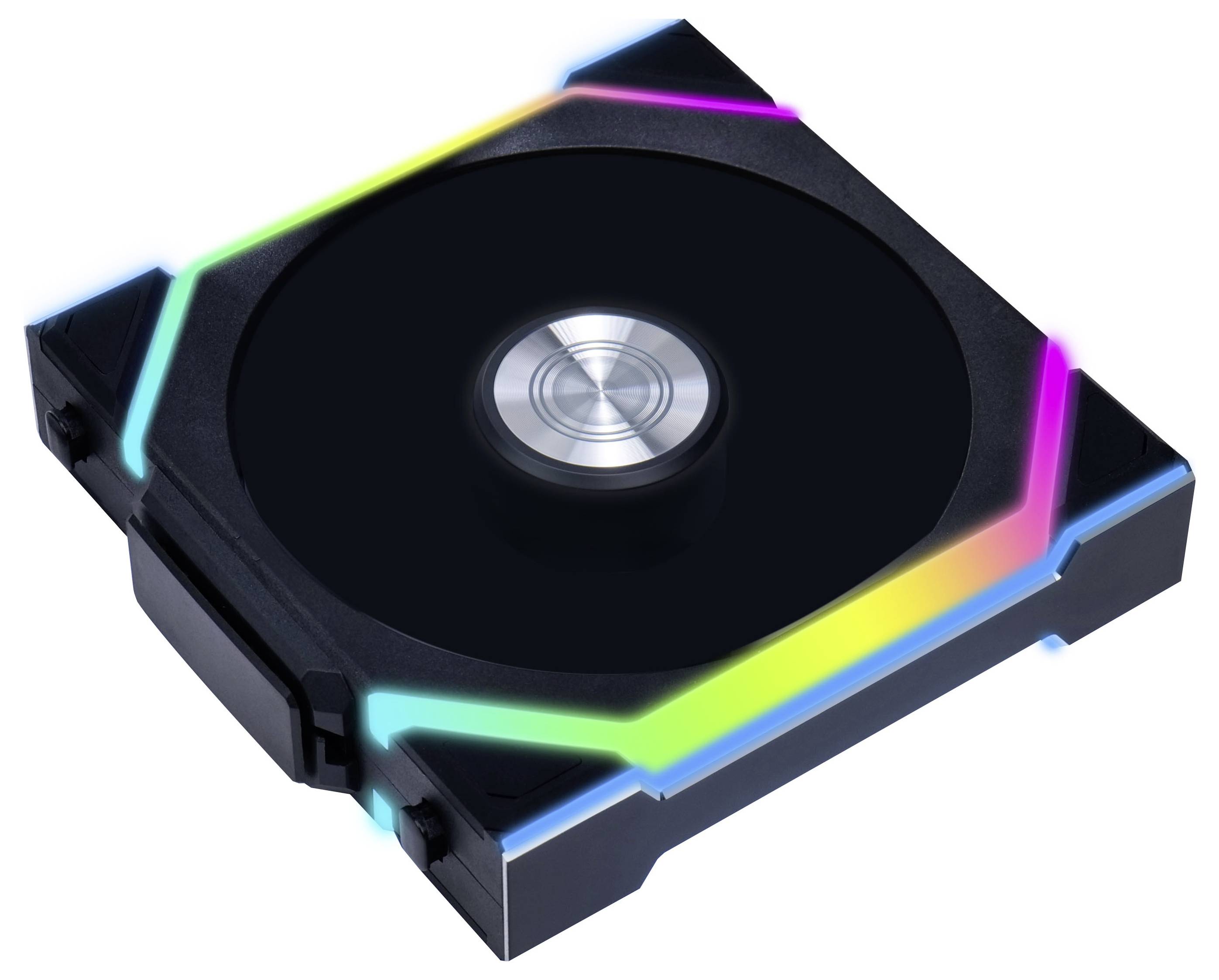 Czarny wentylator kwadratowy z wielokolorowymi, świecącymi paskami LED na rogach.