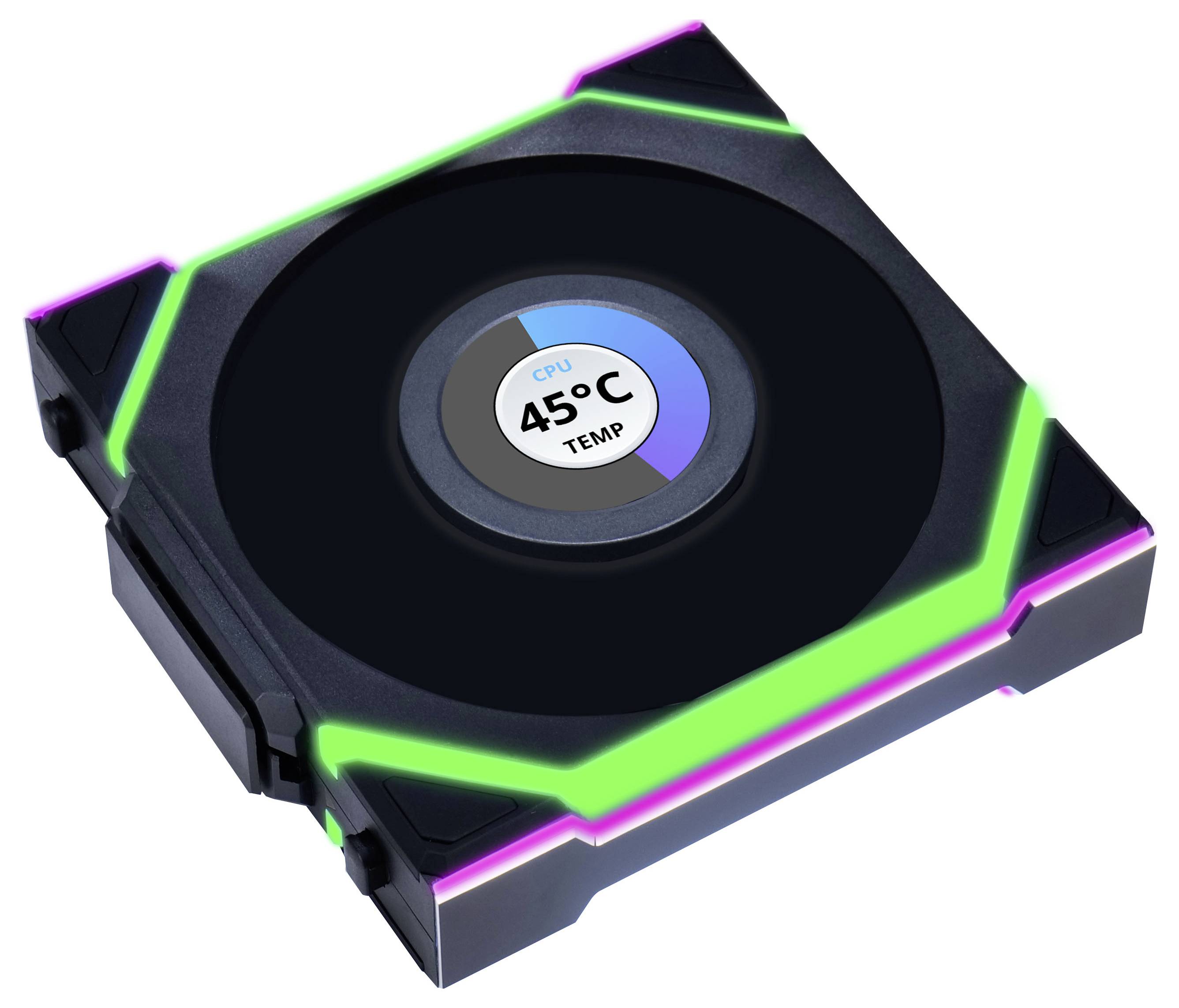 Wentylator komputerowy z jasnozielonymi i różowymi akcentami wyświetla wskaźnik temperatury pośrodku: 'Temperatura CPU 45°C'.