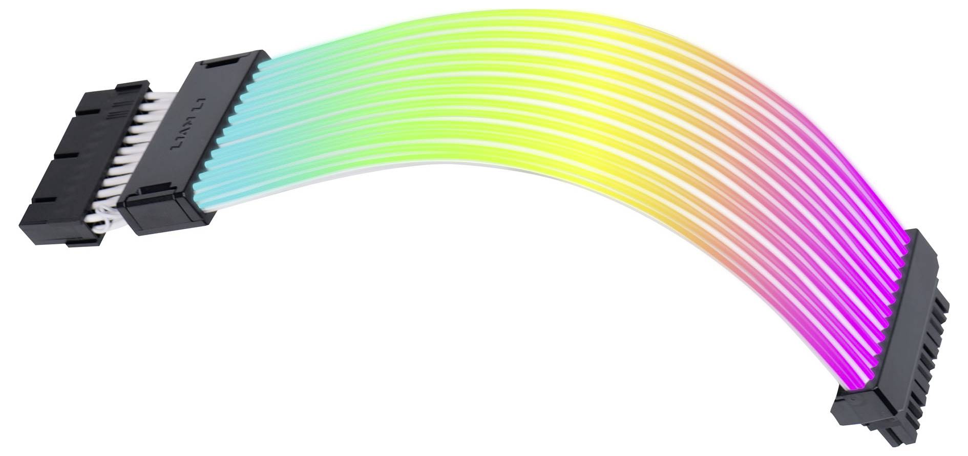 Kolorowy kabel RGB z białymi wtyczkami, przedstawiony w zakrzywionym kształcie. Używany do podświetlenia i połączeń w komponenetach komputerowych.