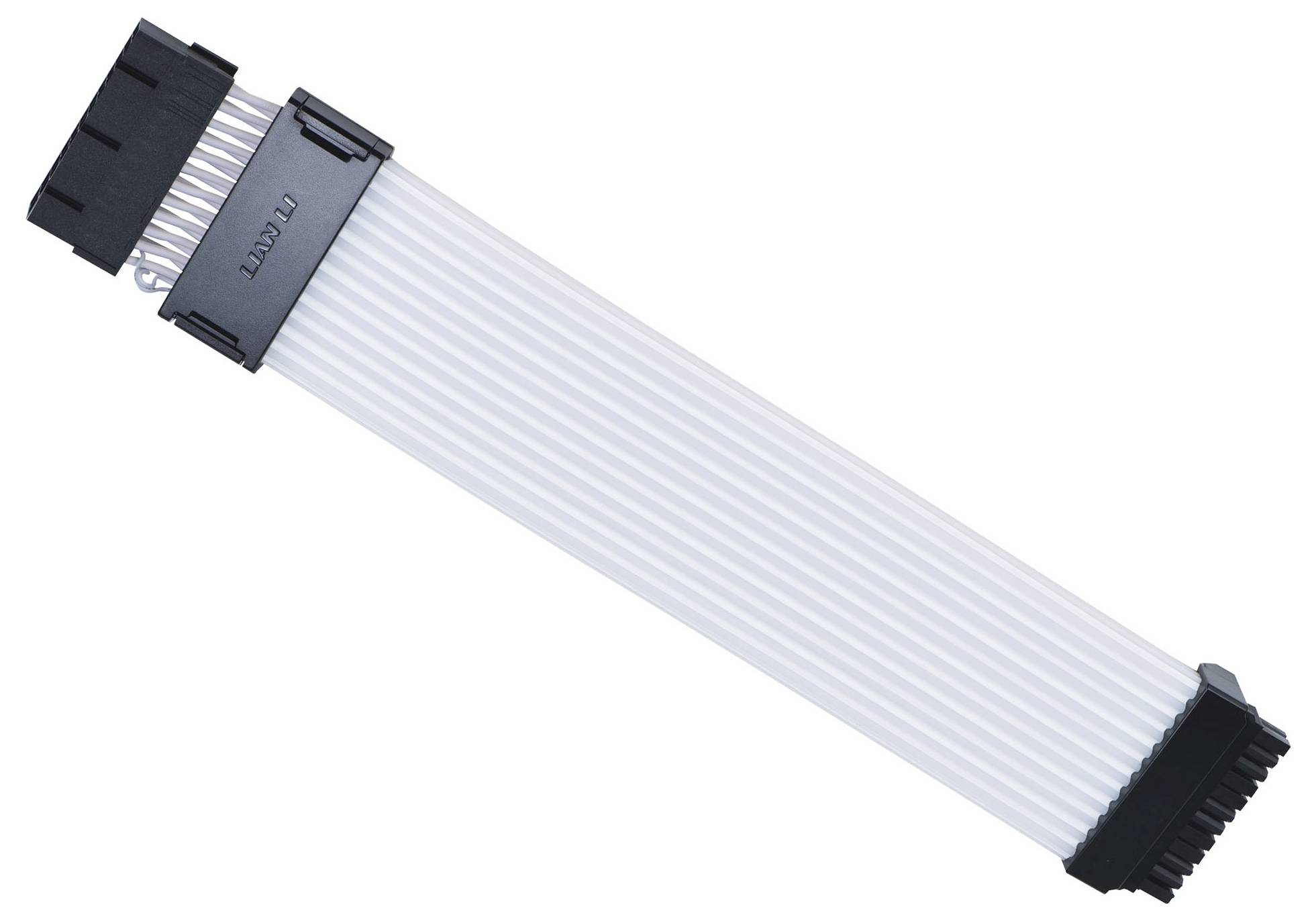 Płaski, biały kabel transmisji danych z czarnymi złączami na obu końcach, przeznaczony do połączeń elektronicznych i sprzętu komputerowego.