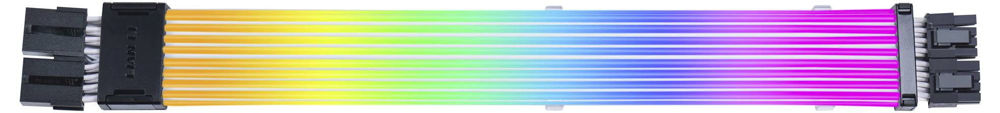 Kolorowy, wielobarwny kabel o równomiernym przebiegu kolorów tęczy. Oba końce są wyposażone w czarne wtyczki.