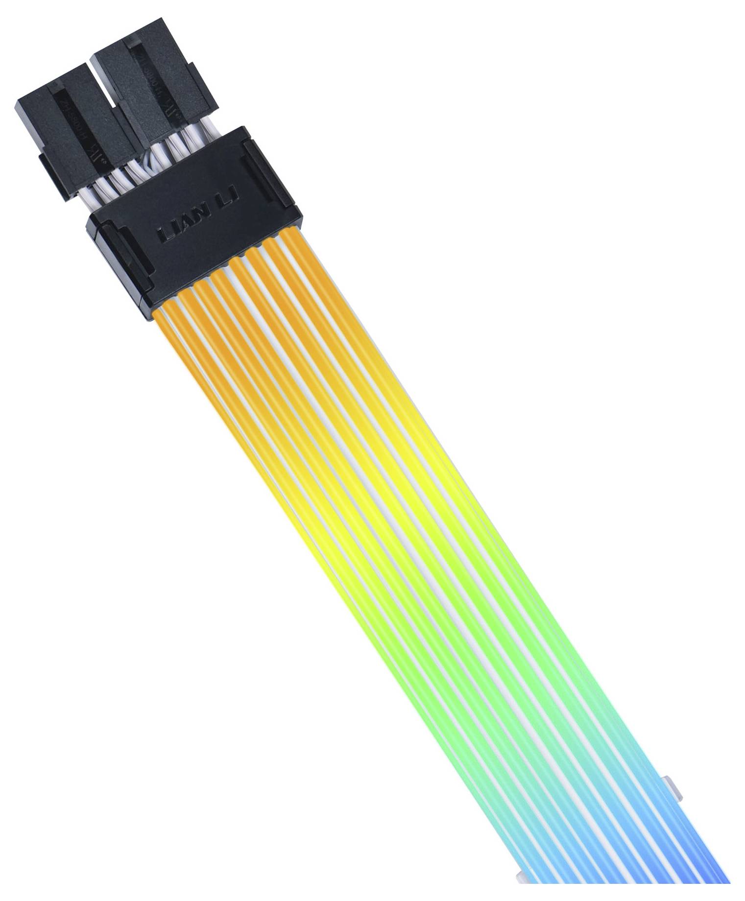 Wielokolorowy, przypominający tęczę kabel komputerowy z wieloma cienkimi przewodami, kończący się czarną wtyczką przyłączeniową.