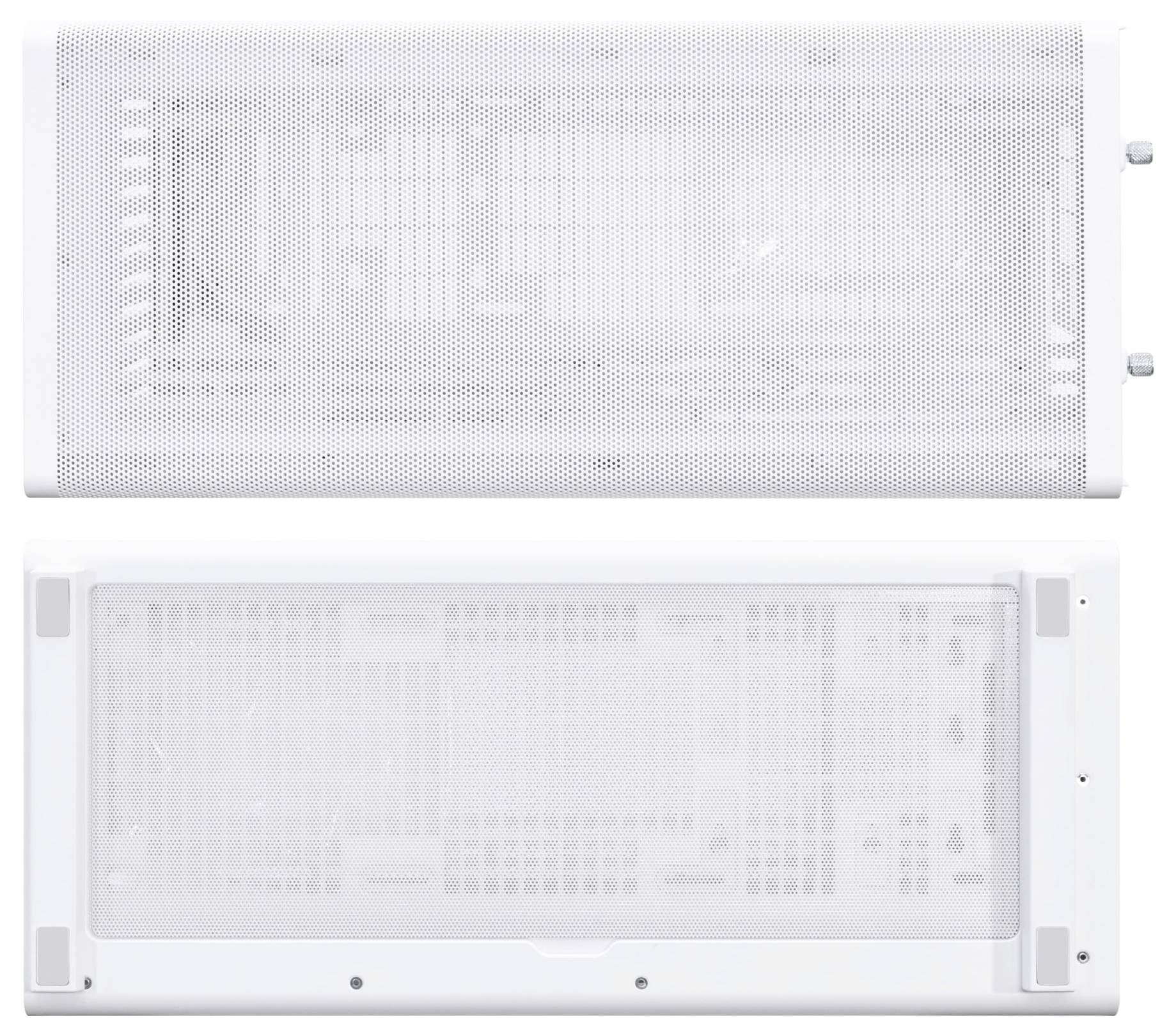 Dwie białe elektroniczne obudowy urządzeń z kratkami wentylacyjnymi i różnymi konfiguracjami wejść i wyjść na górnej powierzchni.