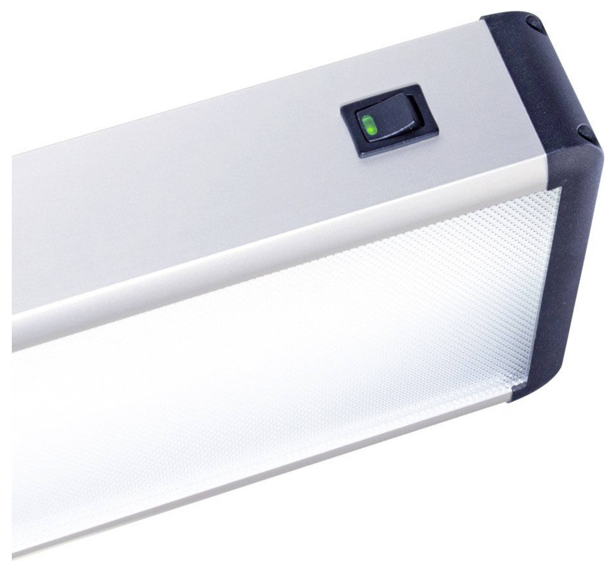 Prostokątna lampa LED z czarnym przełącznikiem na górnej powierzchni, który włącza i wyłącza światło.