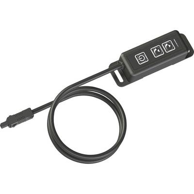 Czarny kabel z prostokątnym panelem sterowania. Trzy przyciski przedstawiają symbol zasilania, strzałkę w kole oraz dwie przeciwbieżne strzałki.