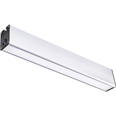 Długa, wąska lampa LED z srebrną obudową i czarną zaślepką, odpowiednia do oświetlenia biura lub warsztatu.