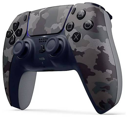 Bezprzewodowy gamepad w kolorach maskujących, zaprojektowany ergonomicznie, wyposażony w różne przyciski sterujące do gier wideo.