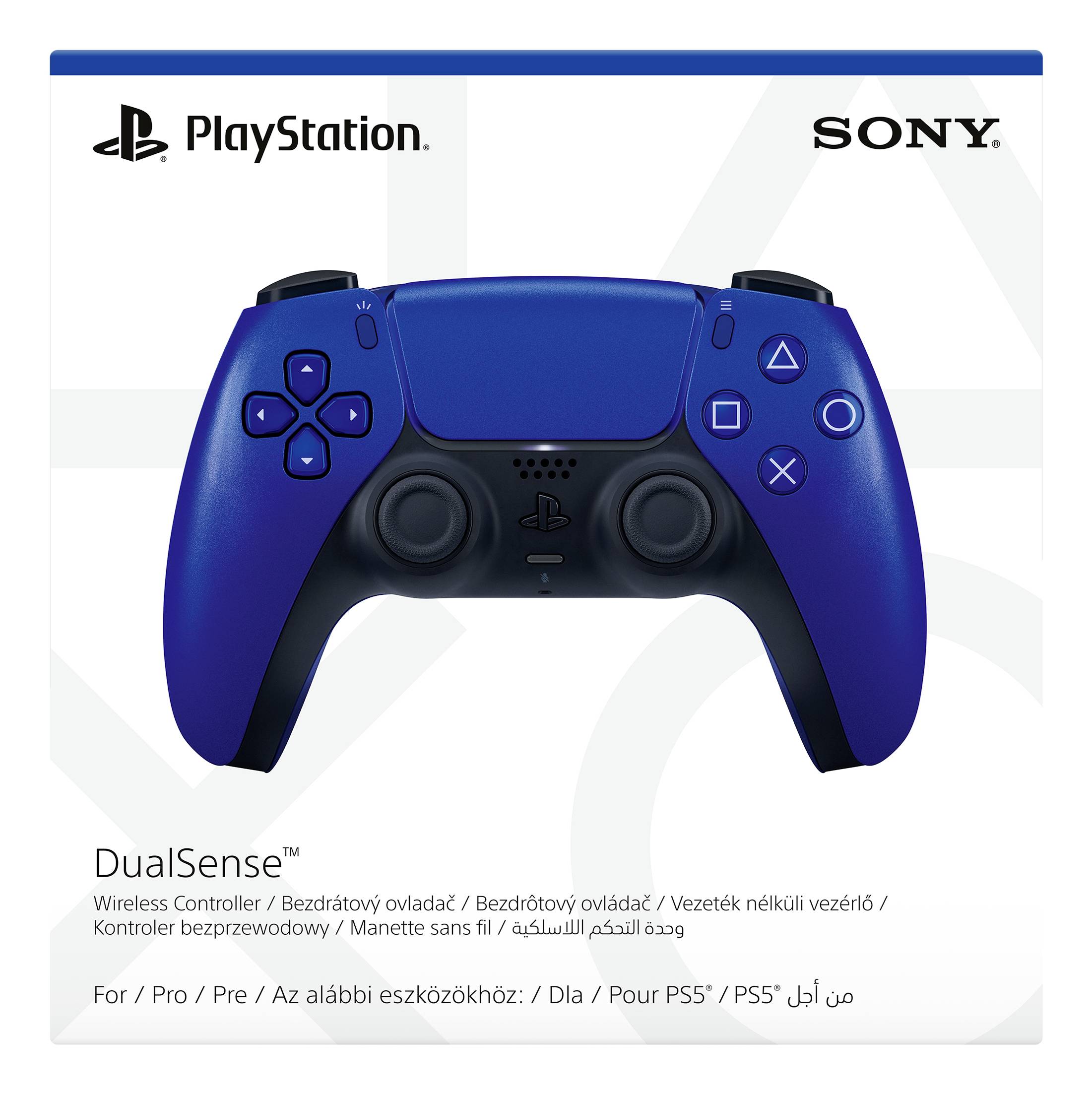 Niebieskie opakowanie bezprzewodowego kontrolera PlayStation DualSense™ z logo marki. Kompatybilny z PS5. Zawiera instrukcje w kilku językach.