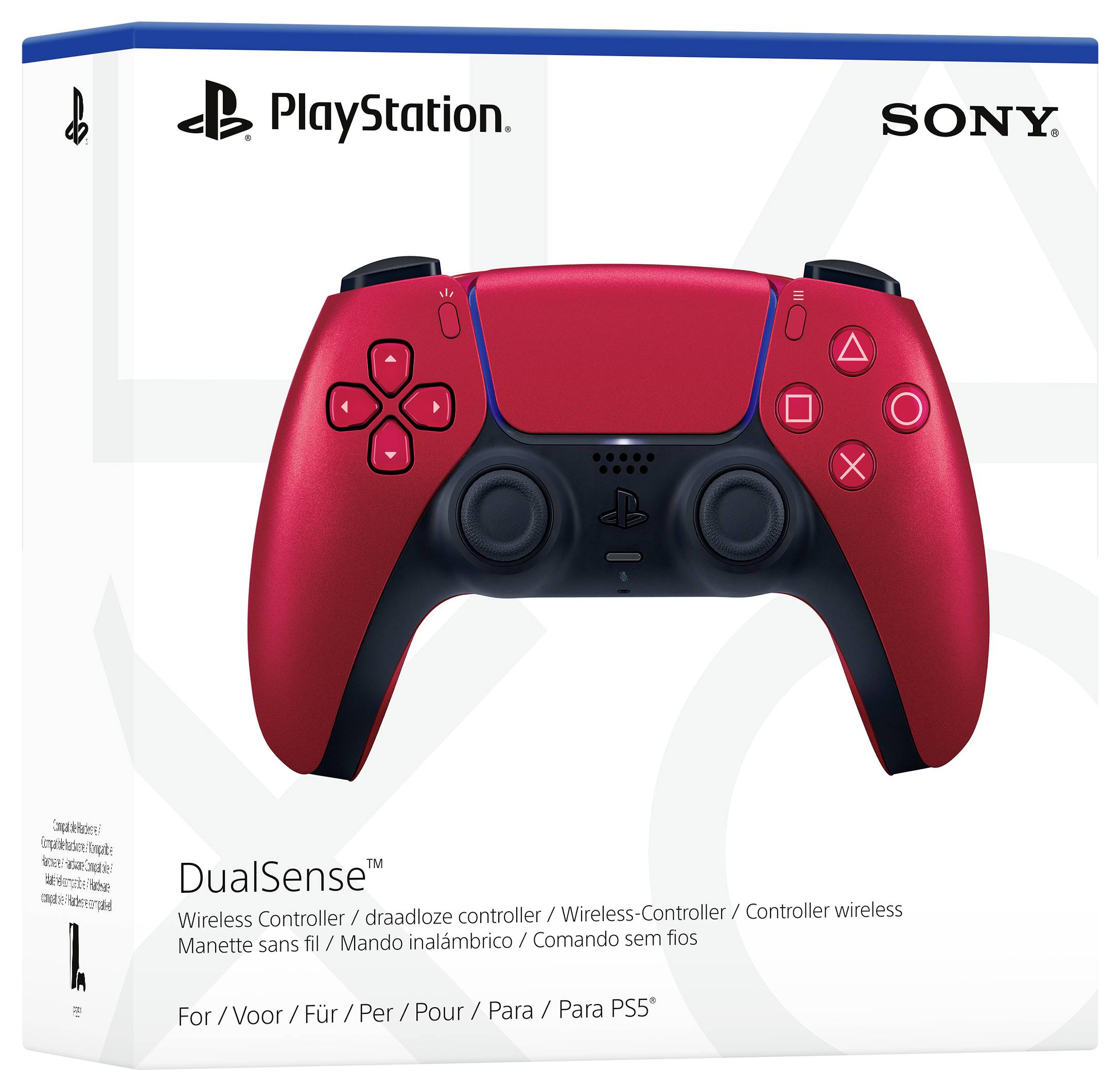Bezprzewodowy kontroler DualSense w kolorze czerwonym na opakowaniu, przeznaczony dla PS5. W lewym górnym rogu logo PlayStation, w prawym górnym rogu logo Sony.