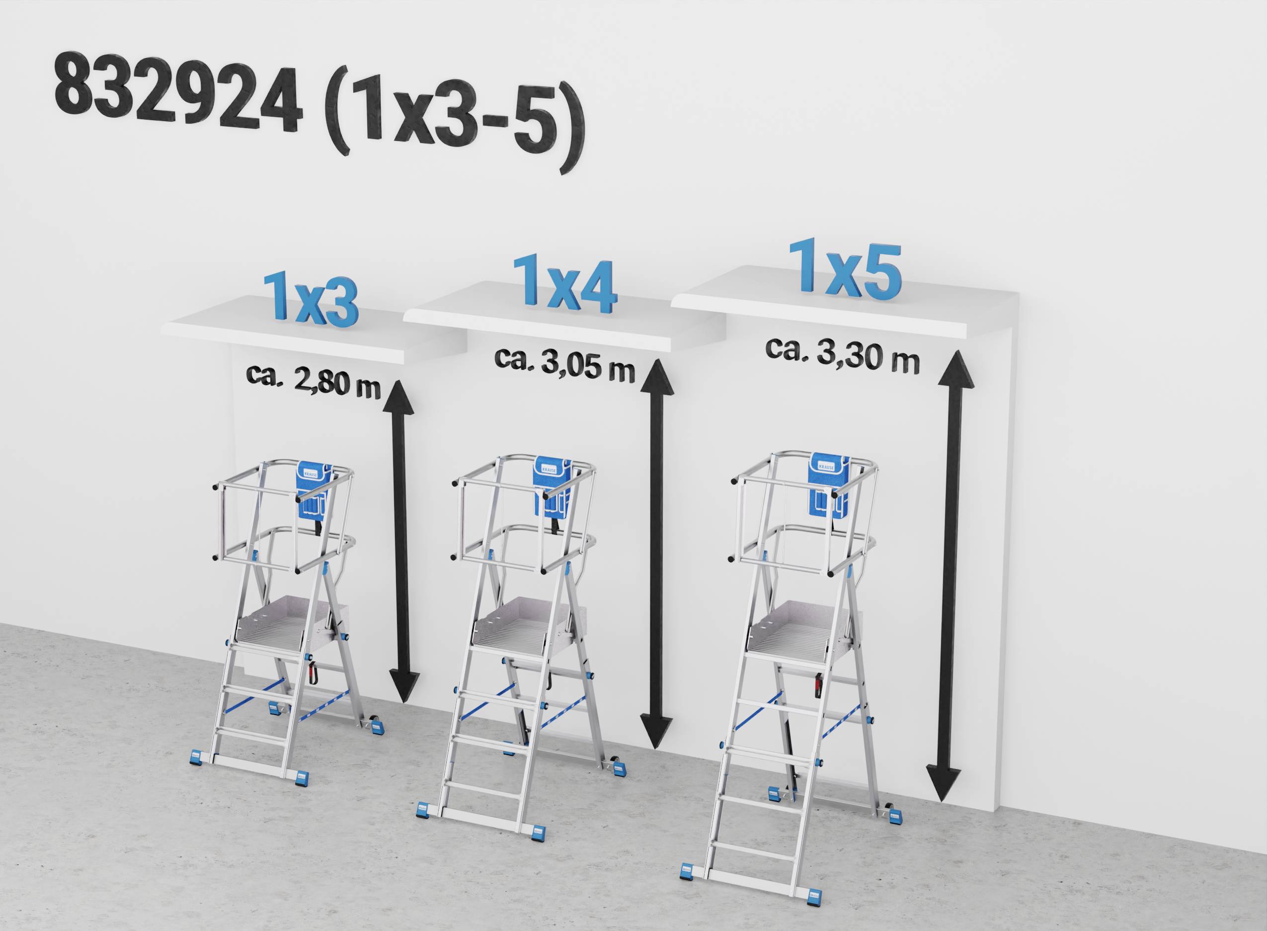 Trzy drabiny o różnych wysokościach: 1x3 ok. 2,80 m, 1x4 ok. 3,05 m, 1x5 ok. 3,30 m, ustawione przed białą ścianą.