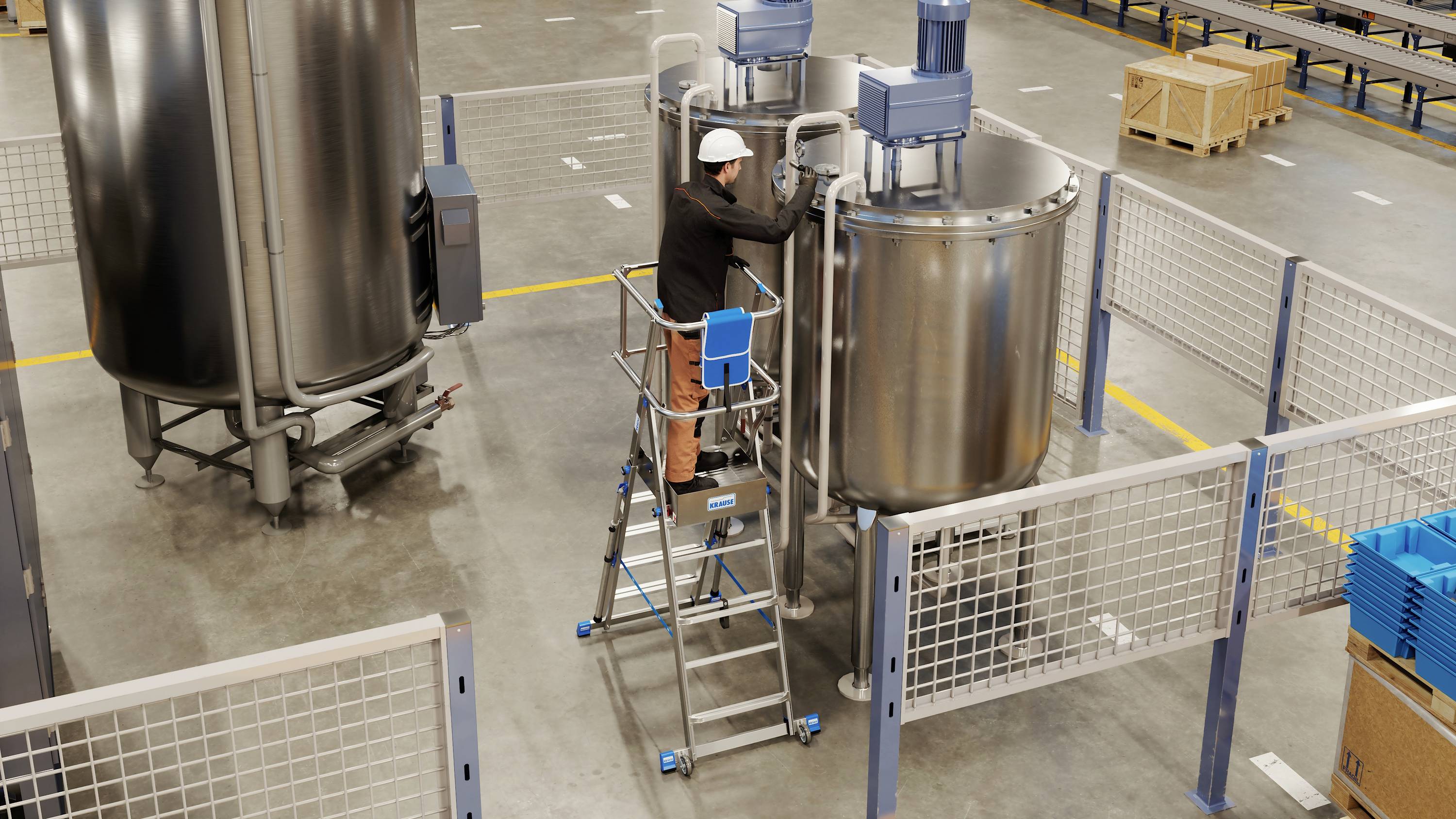 Drabina aluminiowa z platformą i barierką bezpieczeństwa, stojąca na stopniach. Odpowiednia do prac na wysokości, zapewniająca zwiększoną stabilność.