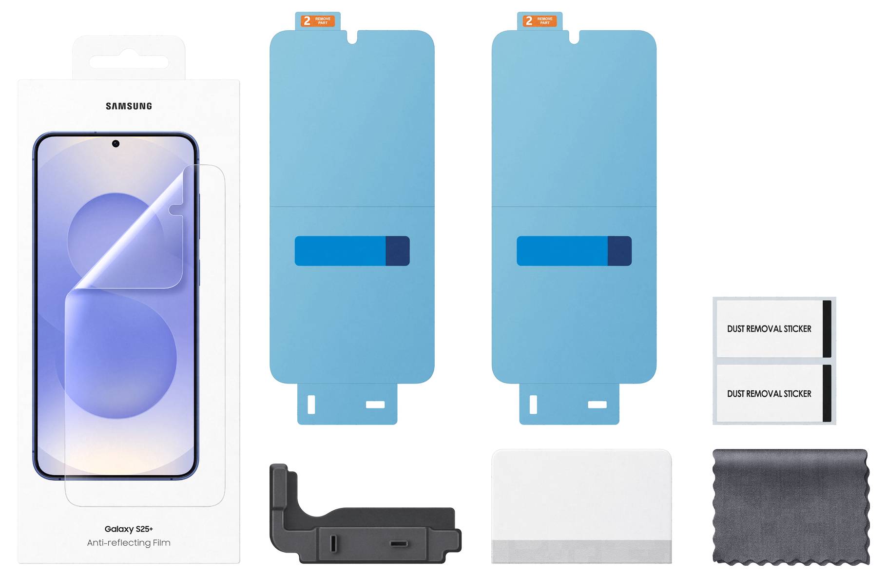 Zestaw folii antyrefleksyjnych do Samsung Galaxy S23+ zawierający dwie folie ochronne na ekran, naklejki do usuwania kurzu, rakiel oraz ściereczkę z mikrofibry.
