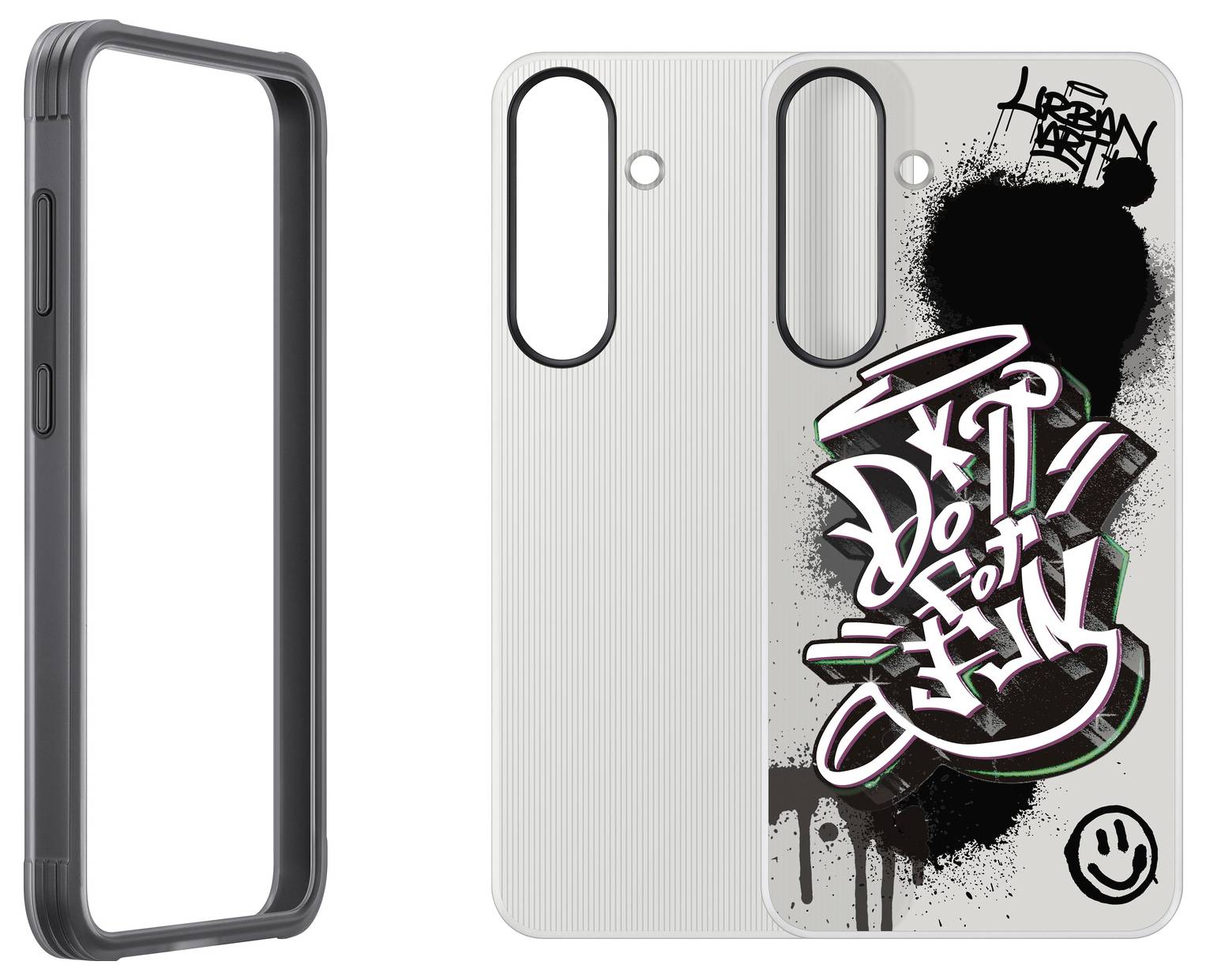 Etui na smartfona z dziełem grafitti i napisem 'Do it for Fun' w intensywnych kolorach, obok prosta czarna obudowa.