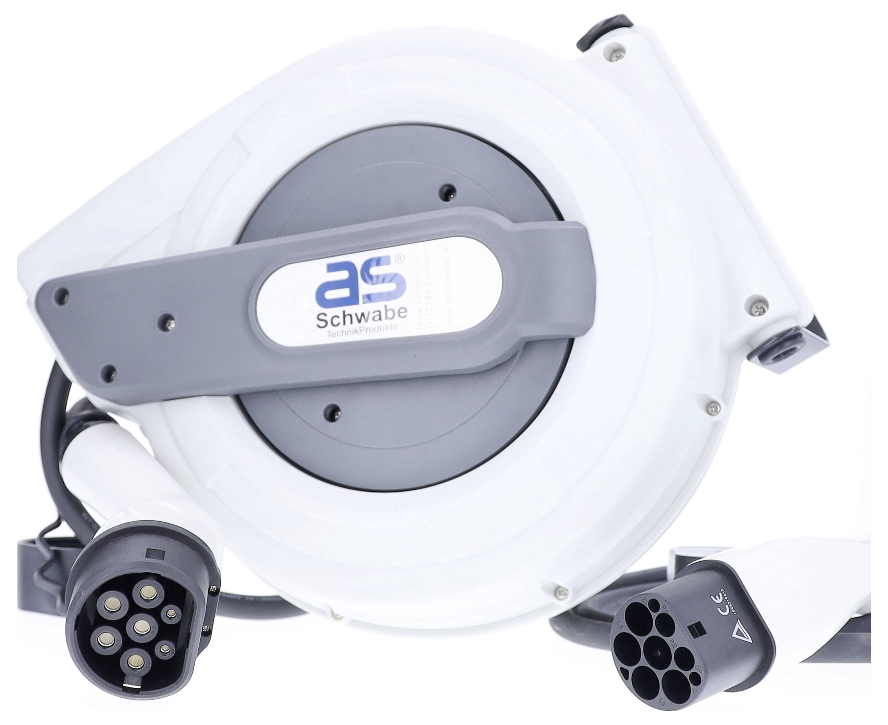 Elektryczna skrzynka rozdzielcza z wieloma gniazdkami. Na bębnie widoczna nazwa marki 'as - Schwabe'.