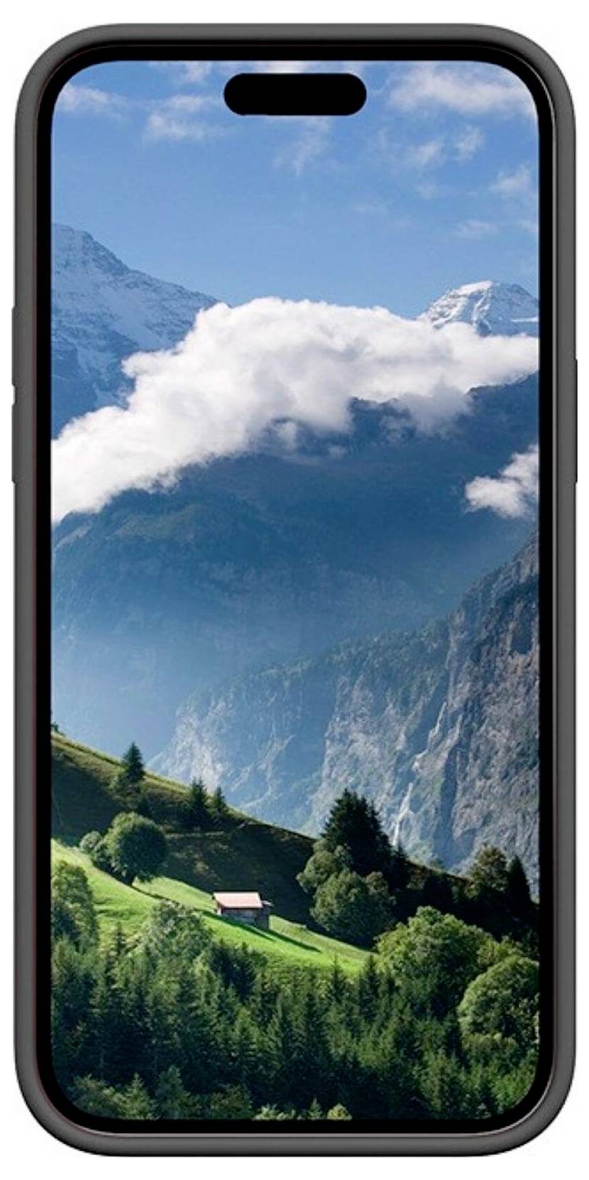 Smartfon z wyświetlaczem przedstawiającym obraz góry, chmur i zielonego krajobrazu.