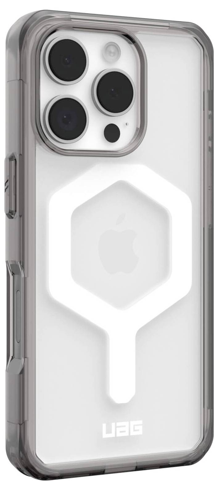 Smartfon w przezroczystej obudowie ochronnej, prezentujący tylny aparat z trzema obiektywami i lśniącym logo firmy.