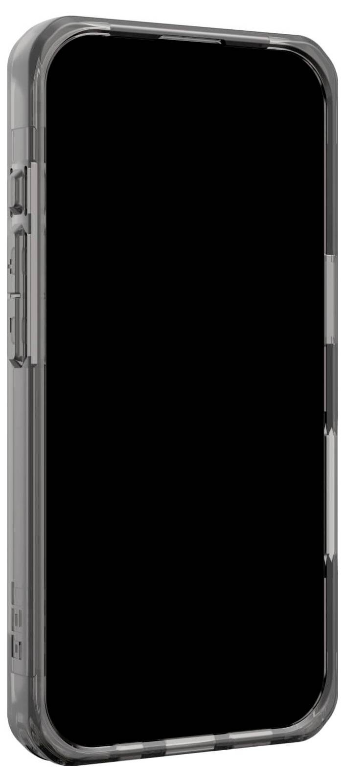 Smartfon z czarnym ekranem i ochronną obudową, widok z boku.