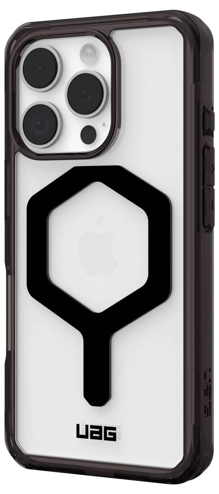 Smartfon z przezroczystą obudową, na której widać logo Apple. Obudowa posiada duży, czarny, stylizowany symbol.