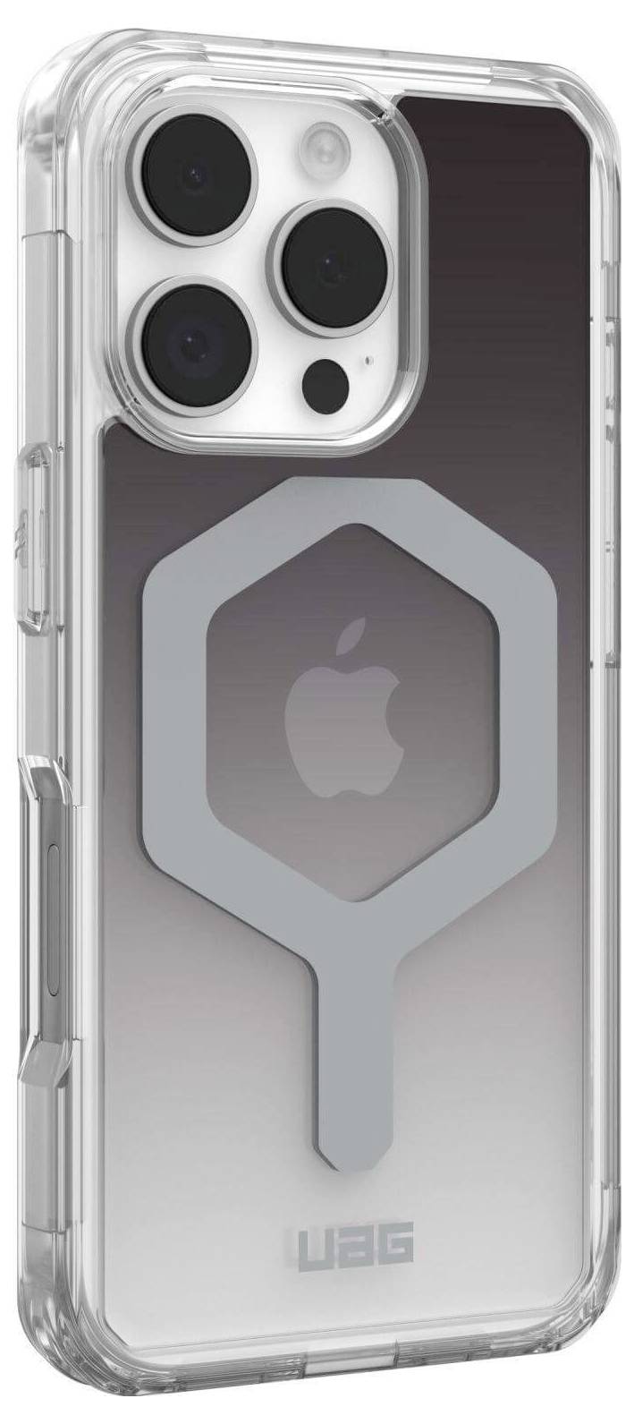 Przezroczysta obudowa smartfona z szarym, sześciokątnym wzorem na tylnej części. Widoczny aparat fotograficzny i logo.