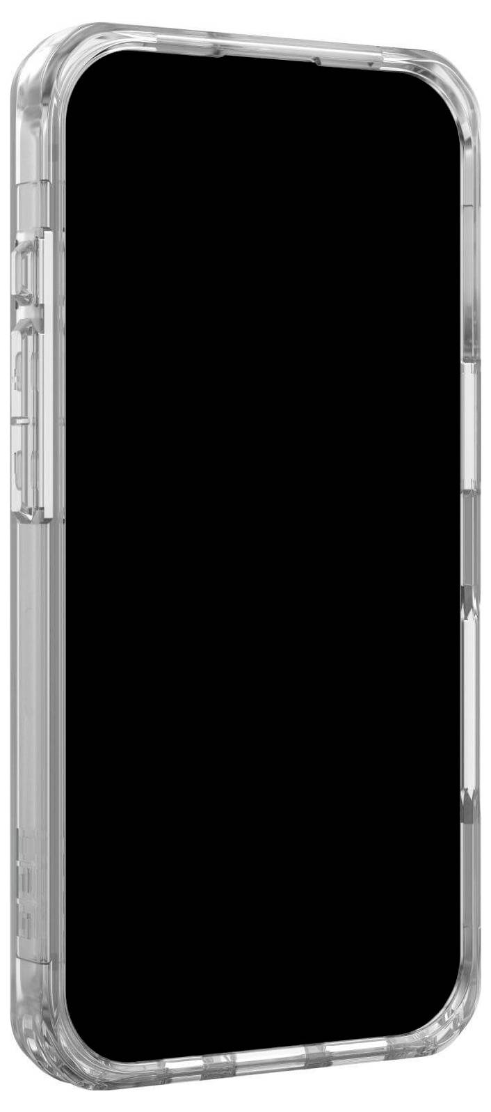 Srebrny smartfon z czarnym ekranem w przezroczystej obudowie, stojący pionowo, bez widocznych znaków firmowych lub logo.