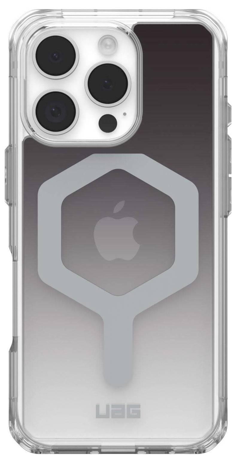 Przezroczyste etui na telefon z trzema wycięciami na aparaty i logo Apple. Logo marki UAG umieszczone na dole etui.