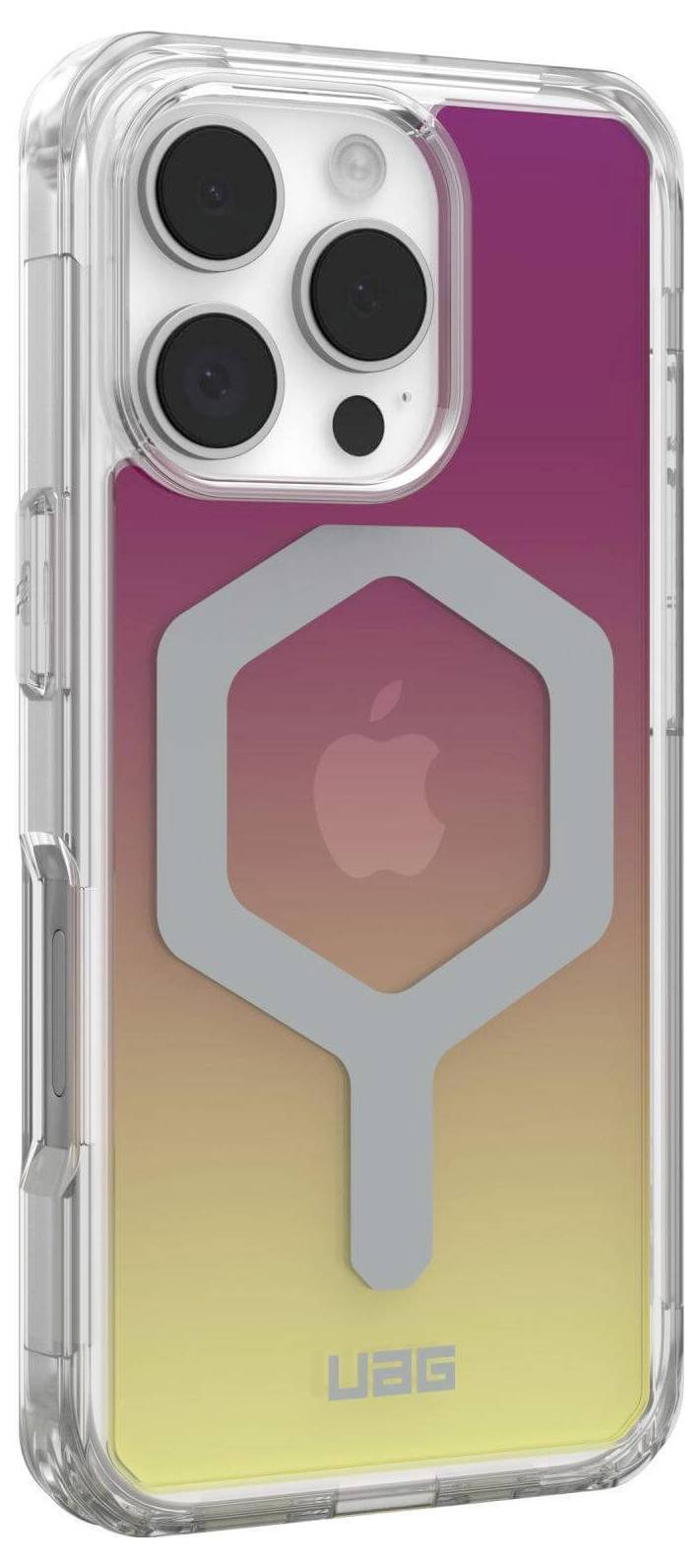 Smartfon z etui w gradiencie kolorów od różowego do żółtego. Etui posiada srebrny akcent w kształcie oraz logo.