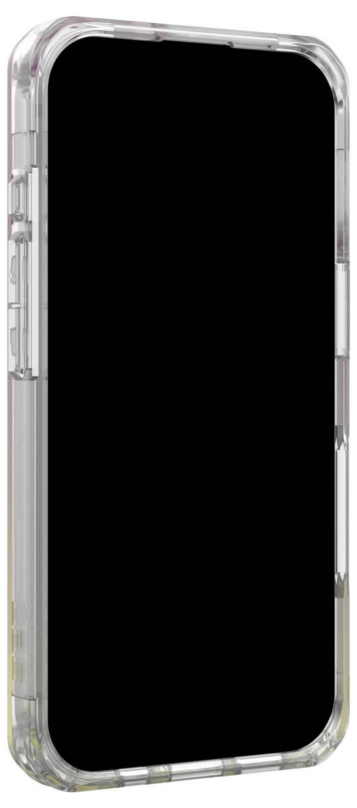 Smartfon z przezroczystą obudową, czarny ekran.