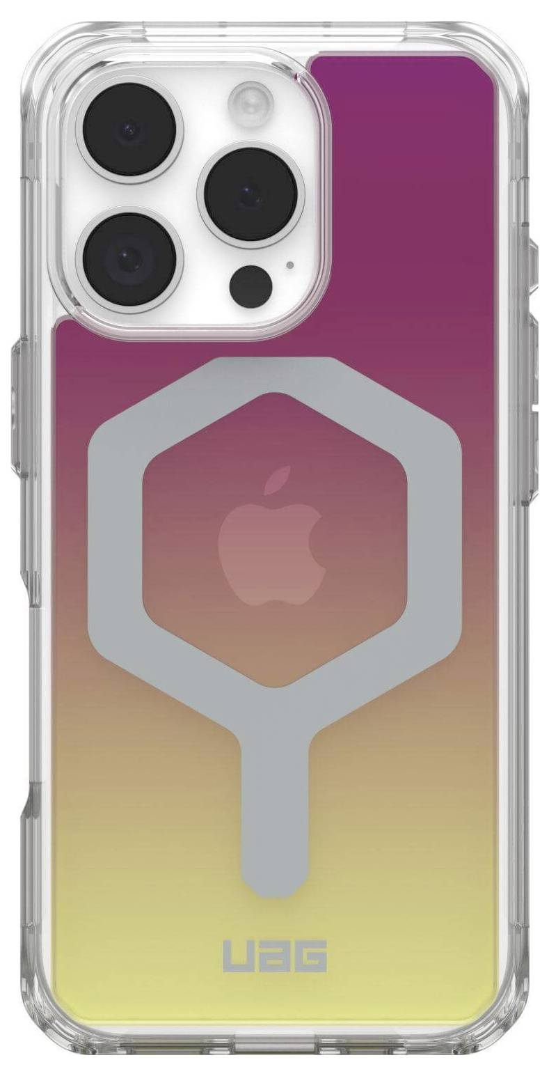 Smartfon z potrójnym aparatem, w fioletowo-żółtym gradiencie, przezroczysta obudowa z szarym logo i okrągłym wycięciem.