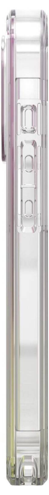 Przezroczyste etui na smartfona, widok z boku, ukazujący obszary aparatu i przycisków regulacji głośności.