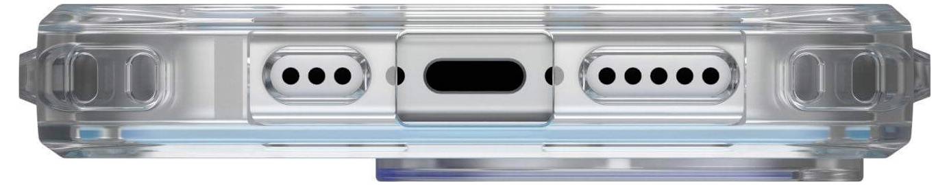 Spód smartfona z przezroczystą obudową. Widoczne są głośniki, port ładowania oraz okrągłe śruby.