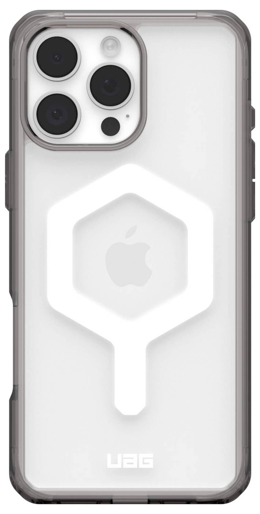 Smartfon w wytrzymałej, przezroczystej obudowie ochronnej z logo UAG i sześciokątnym wzorem na plecach.