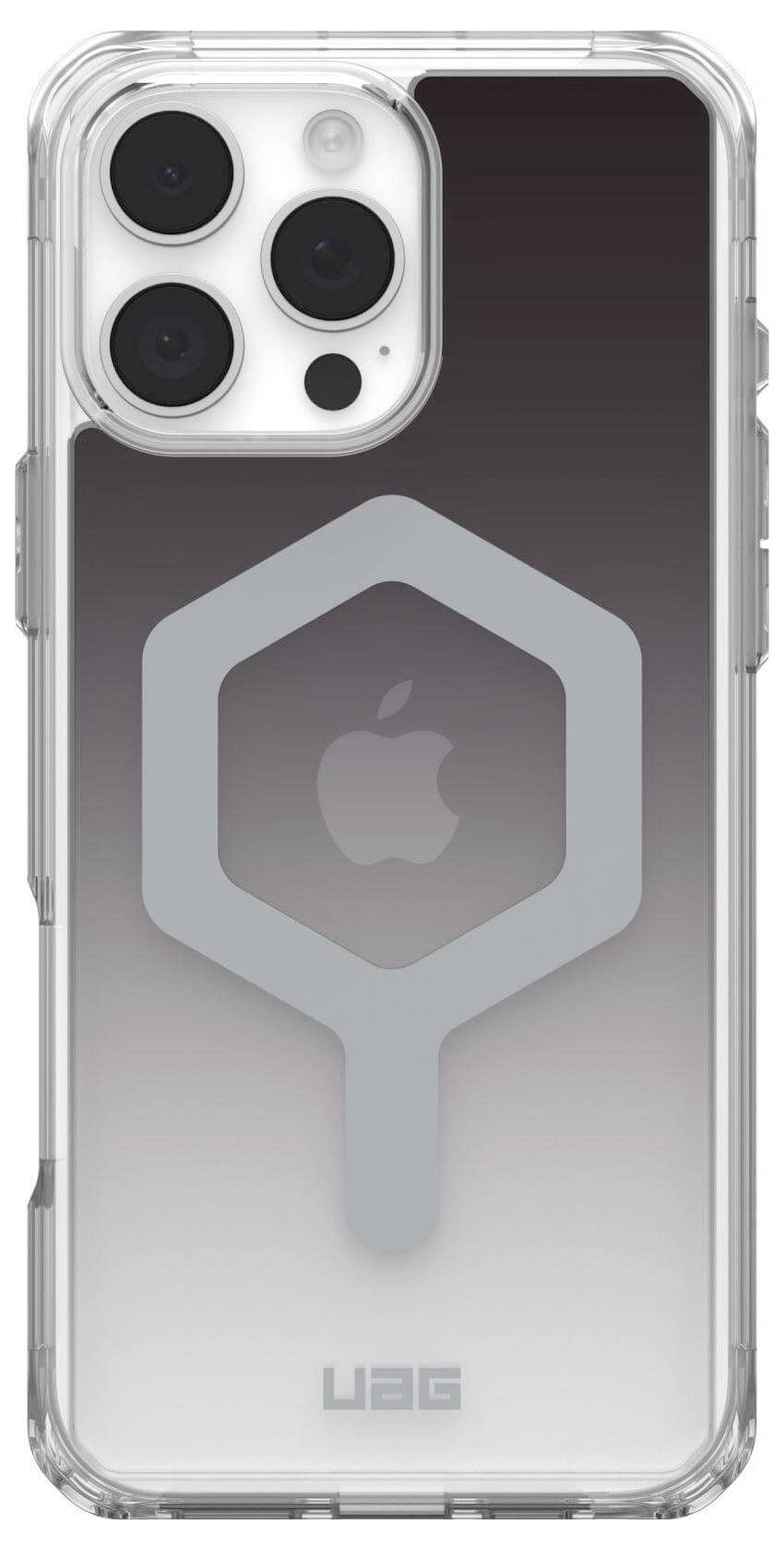 Telefon komórkowy z przezroczystym etui, potrójny aparat. Na obudowie szare logo przypominające sześciokąt; widoczne logo Apple.