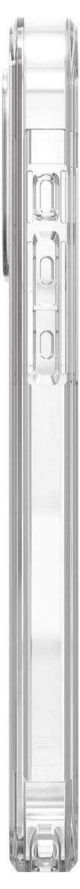 Przezroczyste etui na telefon, sfotografowane w pionie, z fazowanymi krawędziami oraz wycięciami na złącza i aparat.