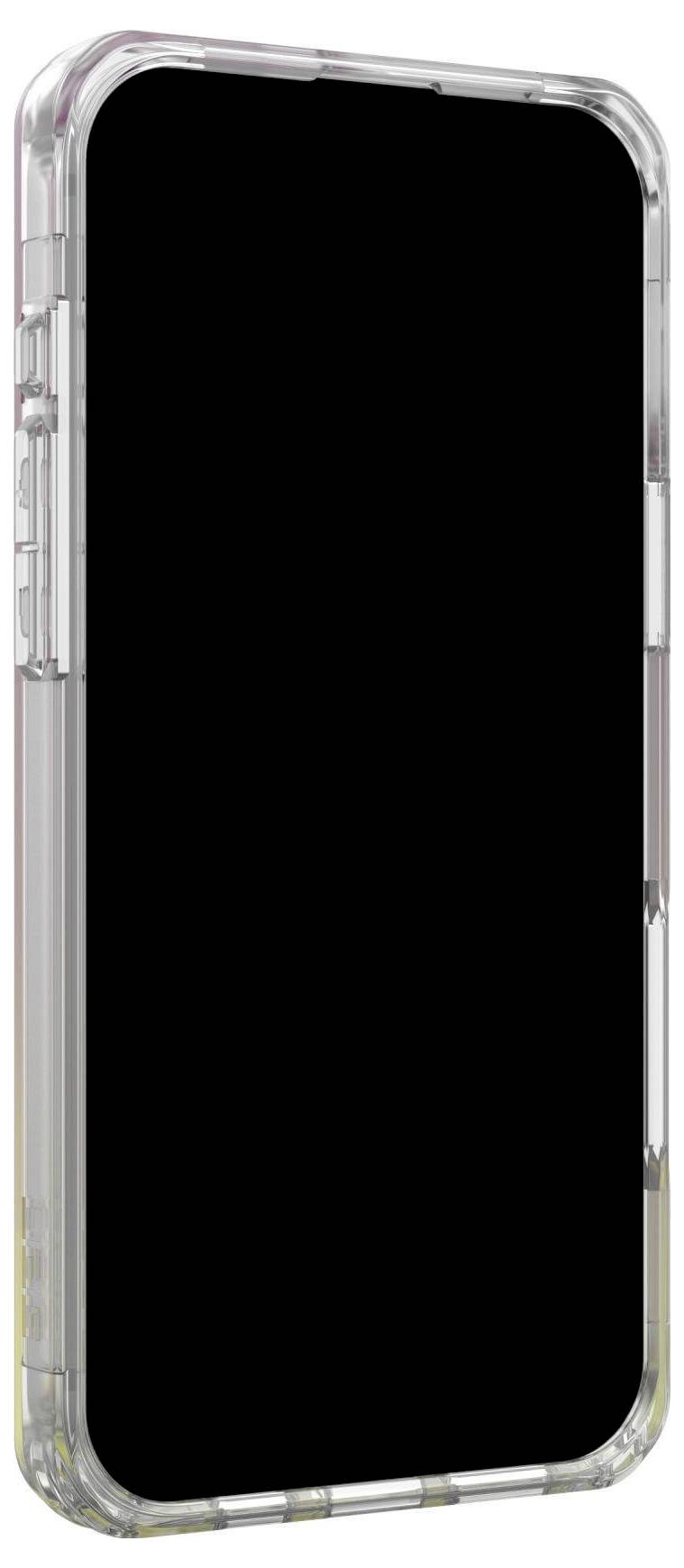 Smartfon w przezroczystej obudowie z ciemnym ekranem, prezentujący smukłą budowę i ochronę gładkich krawędzi.