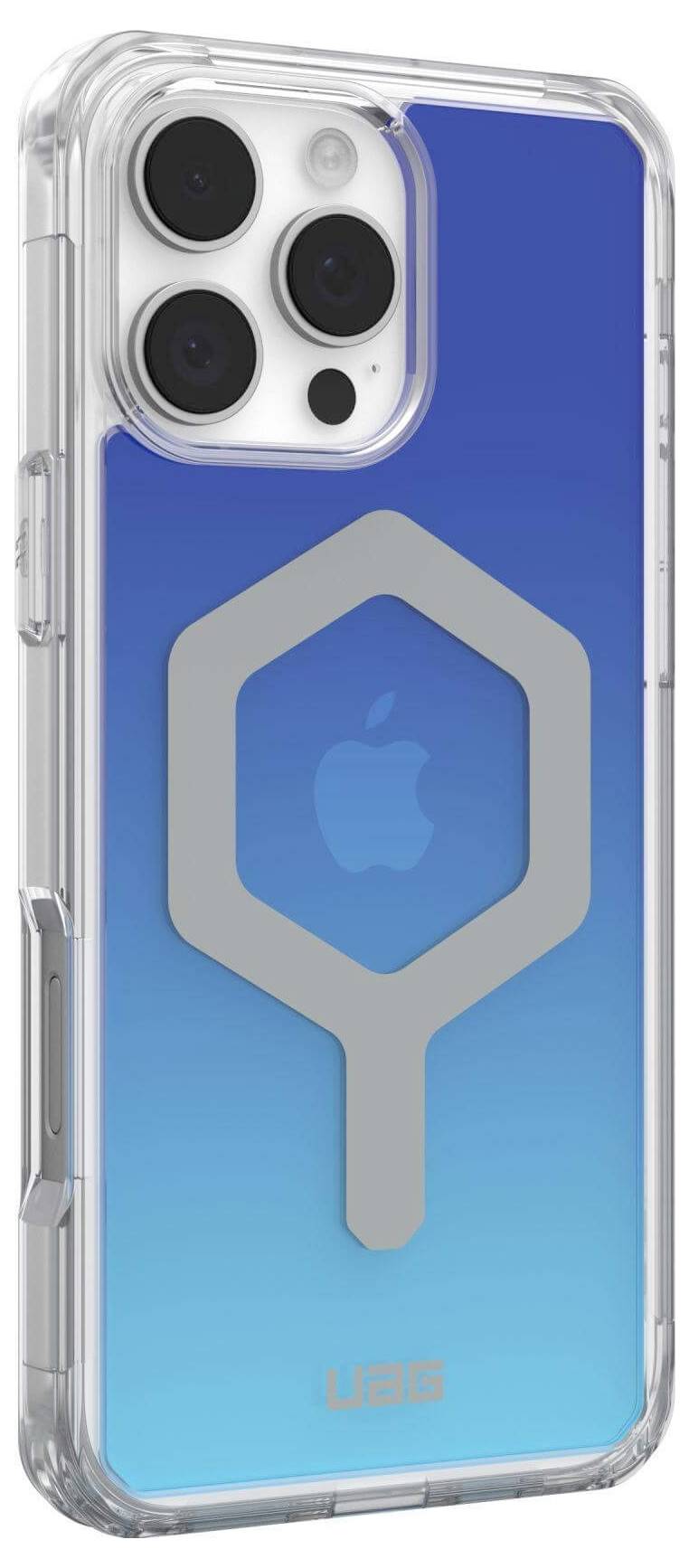 Przezroczyste etui na telefon z niebieskim tłem i srebrnym logo, dopasowane do smartfona z trzema obiektywami aparatu.