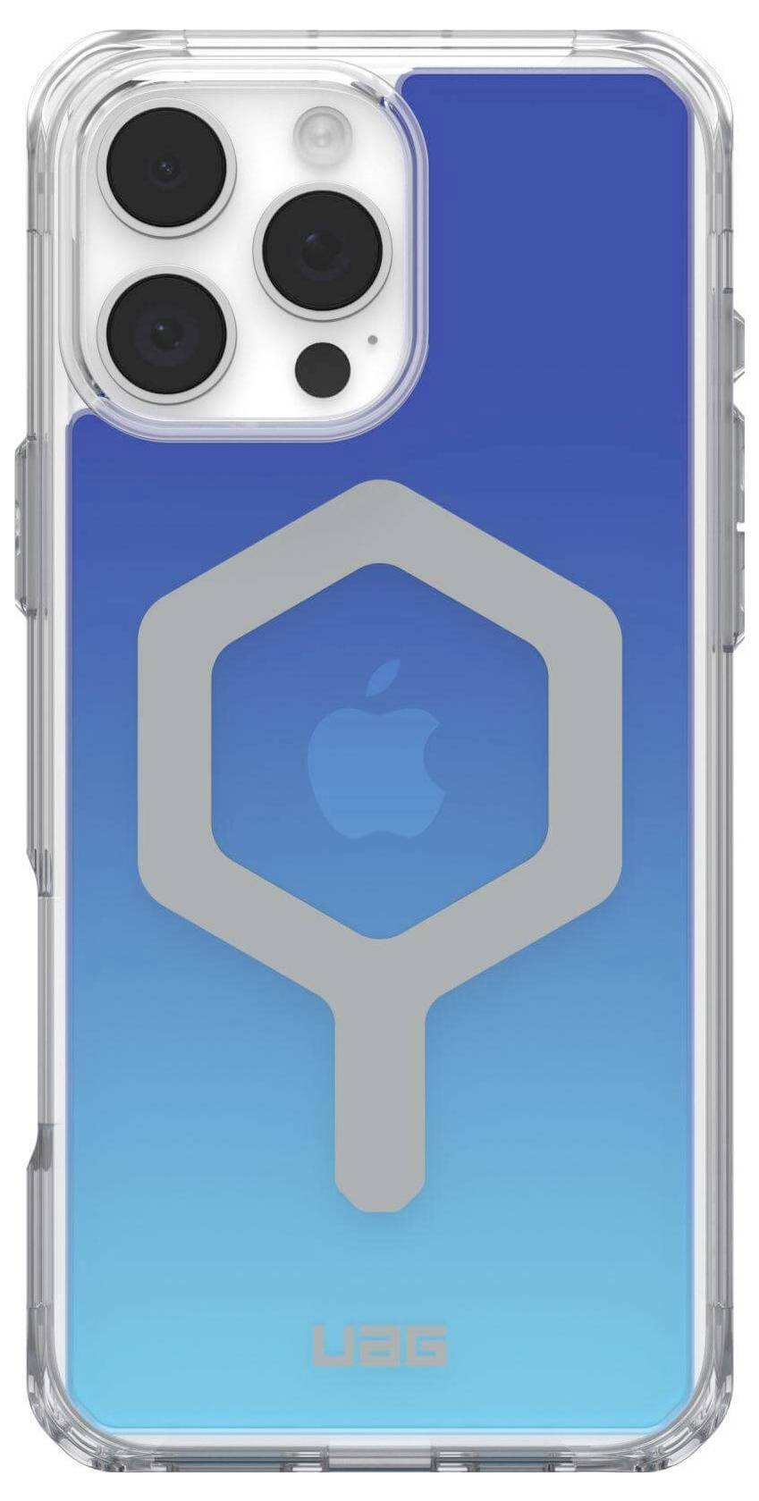 Smartfon z niebiesko-srebrną obudową ochronną marki UAG, prezentujący stylizowane logo pośrodku.