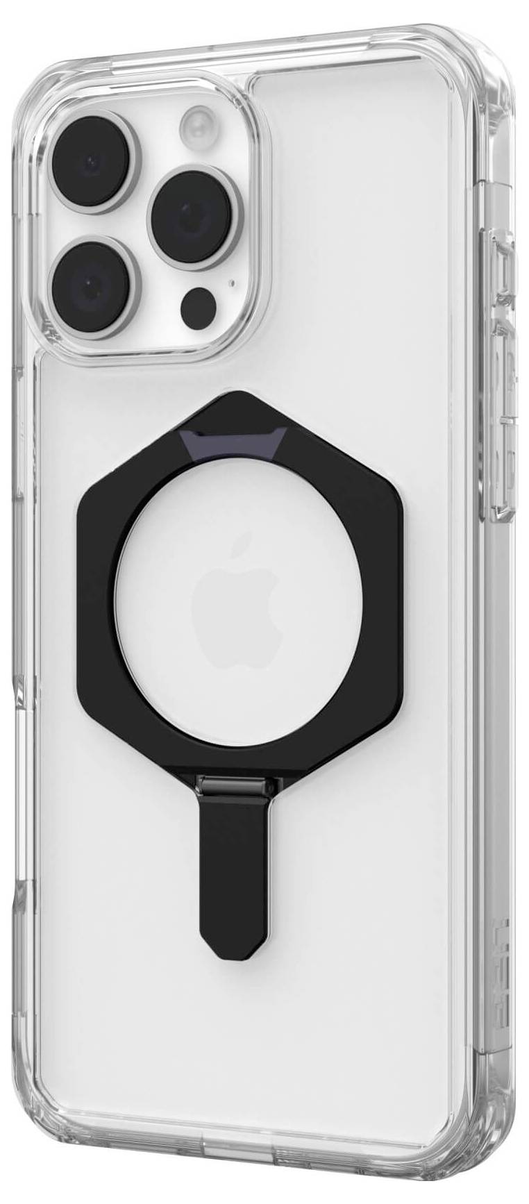 Smartfon z przezroczystą obudową, czarnym okrągłym uchwytem i trzema kamerami z tyłu.