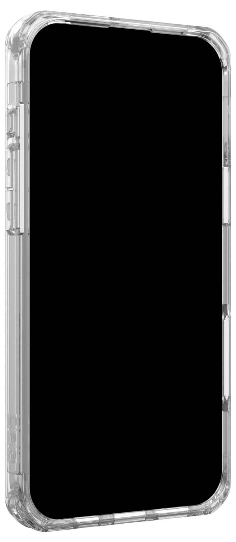 Smartfon z czarnym ekranem w przezroczystej obudowie, ustawiony pionowo.