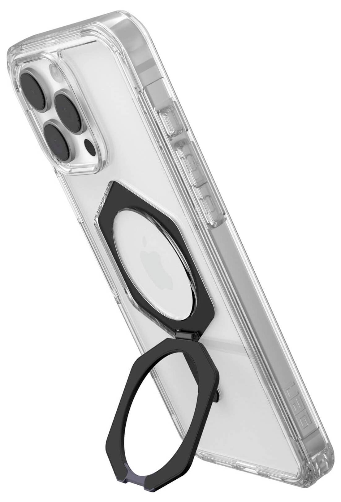 Przezroczyste etui na smartfona z czarnym, składanym stojakiem z tyłu, umożliwiającym oglądanie pod skosnym kątem.