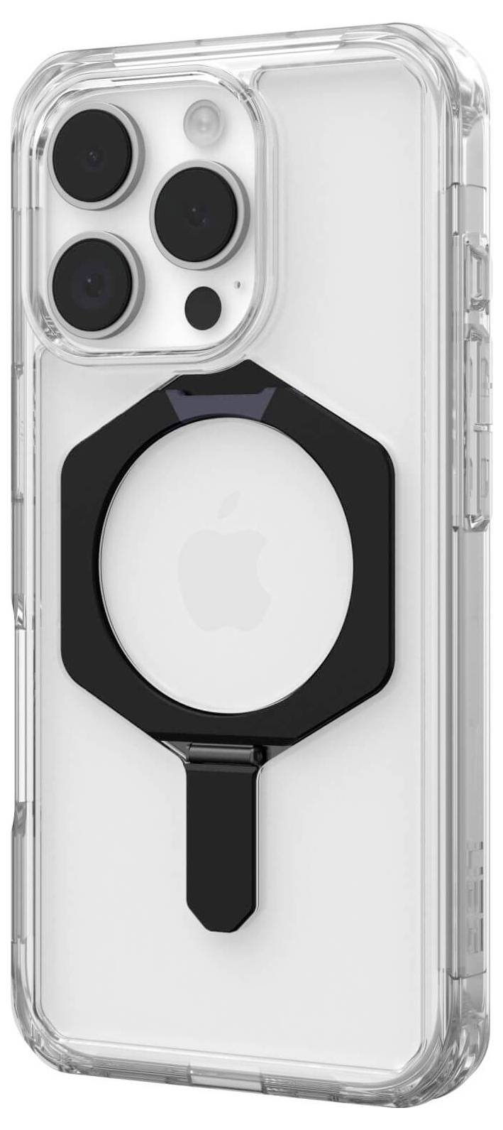 Przezroczyste etui na telefon z czarnym pierścieniem na tylnej stronie, z widoczną kamerą smartfona.