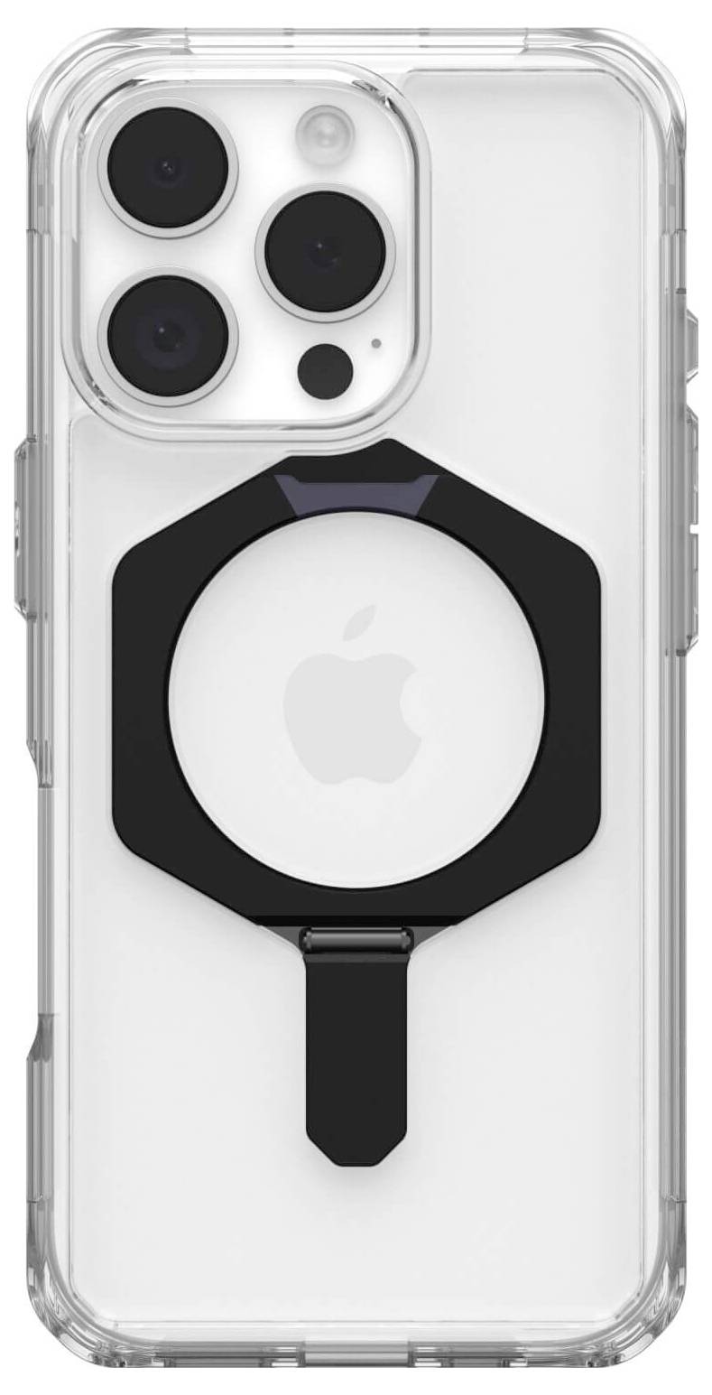 Przezroczyste etui na telefon z czarnym akcesorium MagSafe na smartfonie. Widoczne są trzy obiektywy aparatu oraz logo Apple.