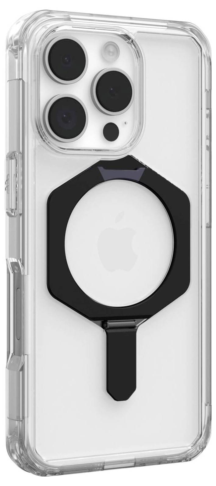 IPhone w przezroczystym etui z czarnym pierścieniem mocującym na tylnej stronie.