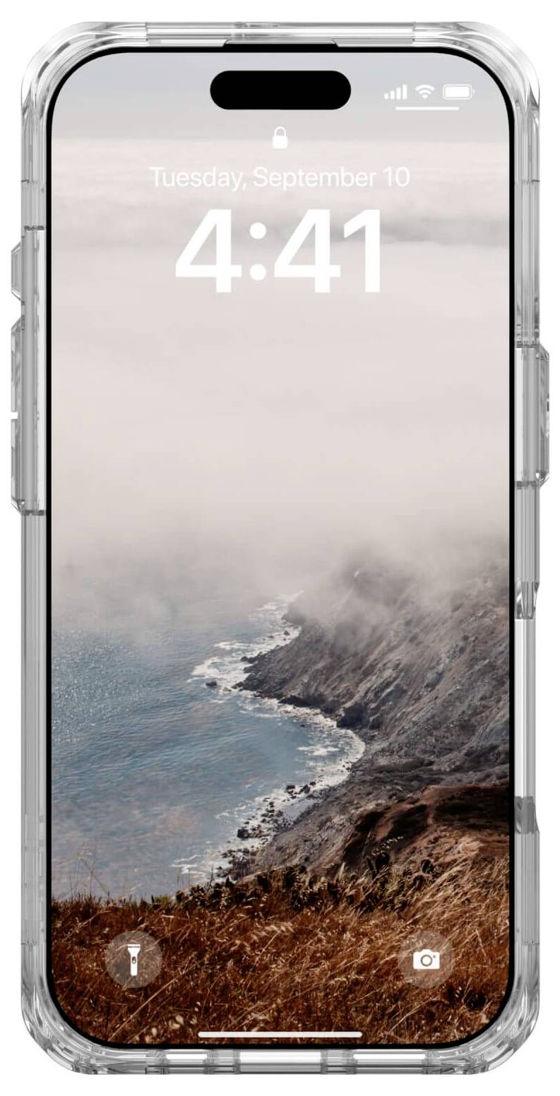 Smartfon na tle krajobrazu wyświetla godzinę 4:41 we wtorek, 10 września. Na górze i na dole widoczne symbole.