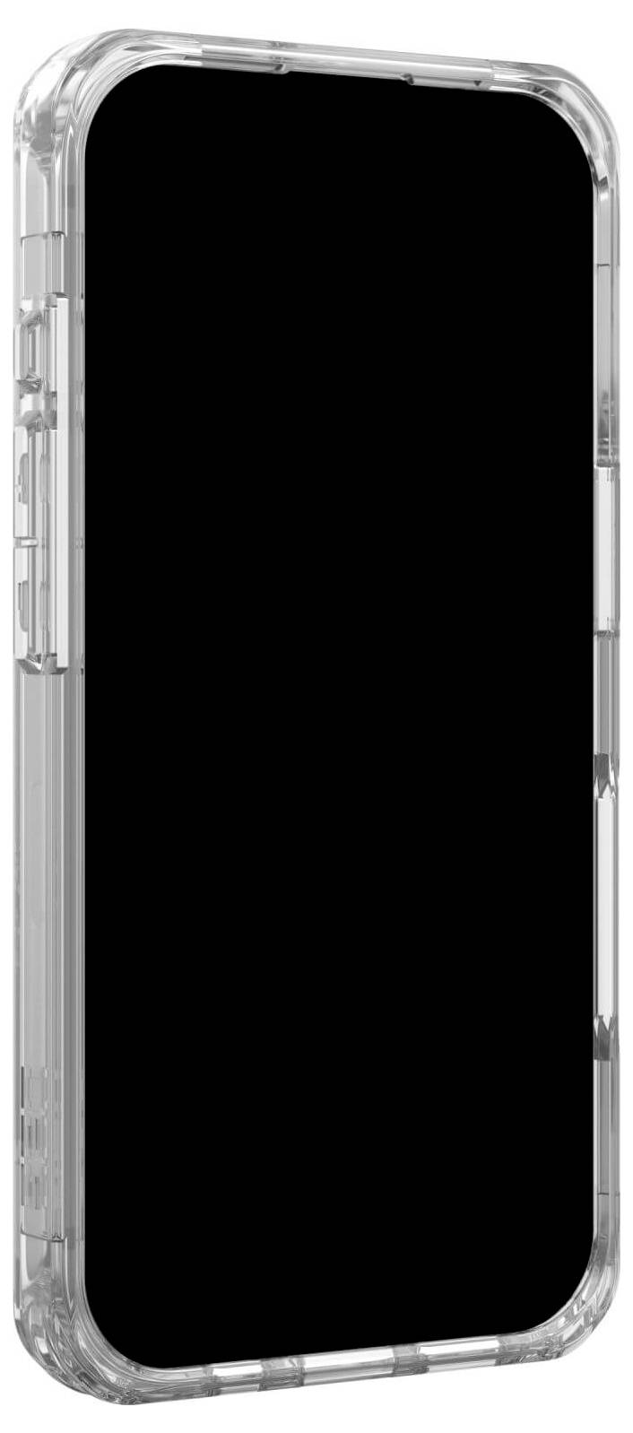 Smartfon z czarnym ekranem w przezroczystej obudowie.